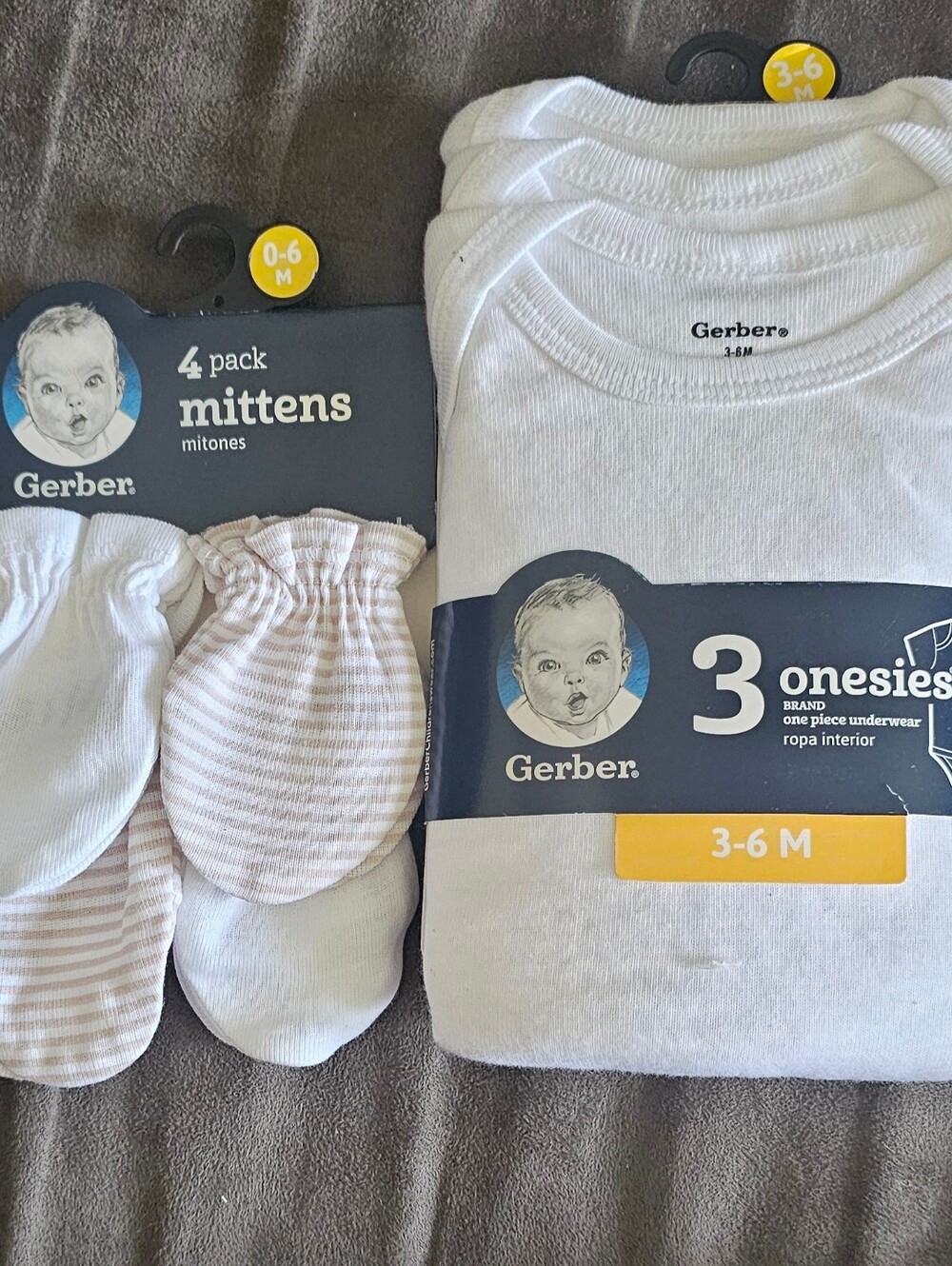 NWT Gerber White and Tan Baby Mittens Pack & White Onesies Pack
